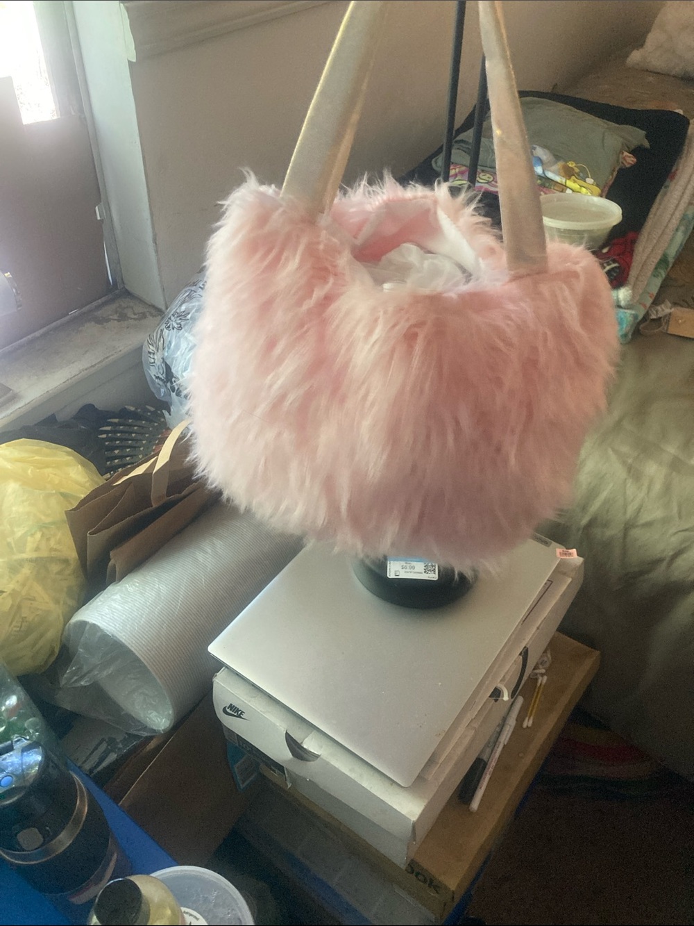 Plush Pink Faux Fur Mini Shoulder Bag with Gold Straps
